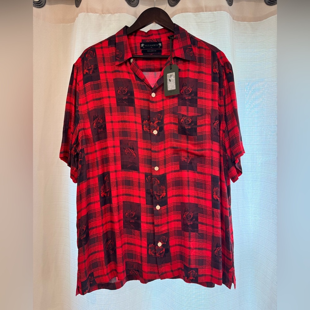 All Saints Red and Black Casual Button Down Shirt
